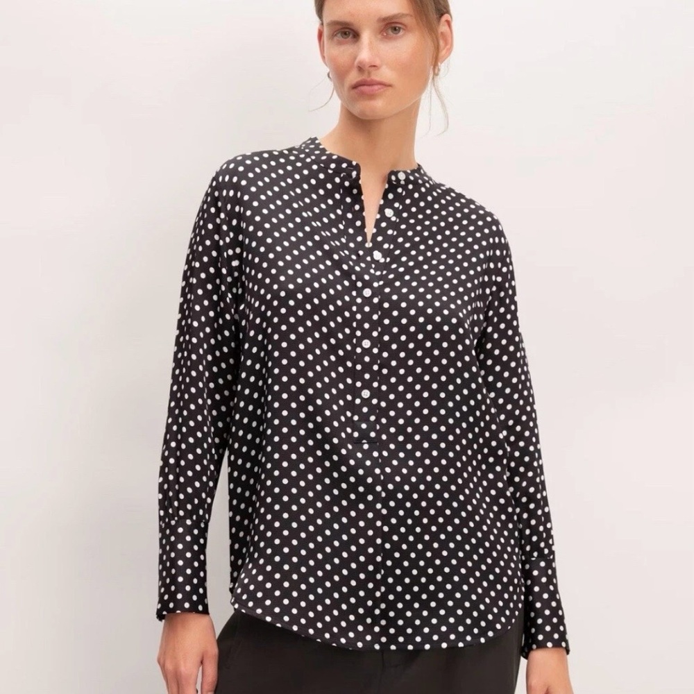 Everlane Womens Polka Dot Long Sleeve Popover Blouse Sz 14 Black White Top